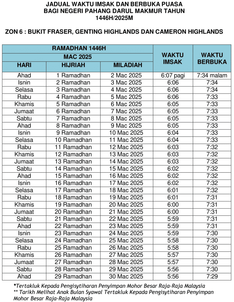 JADUAL IMSAK DAN BERBUKA PUASA PAHANG ZON